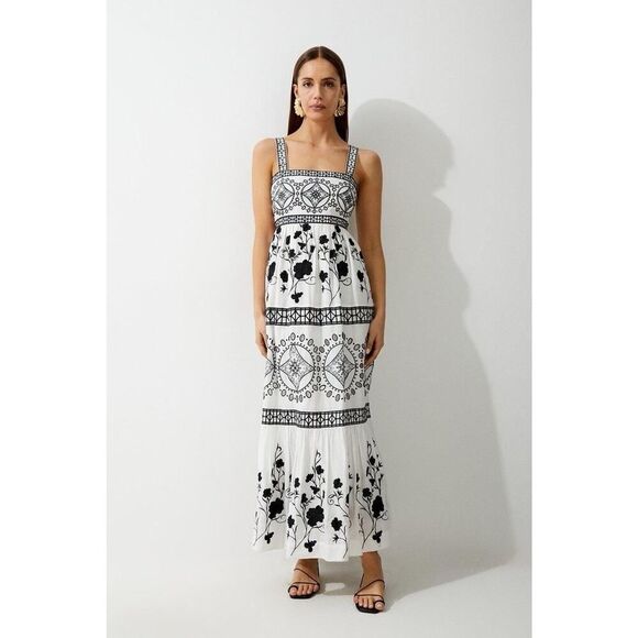 Karen Millen Floral & Geo Embroidered Cutout Maxi Dress US 8 NWT Cotton - Picture 1 of 13